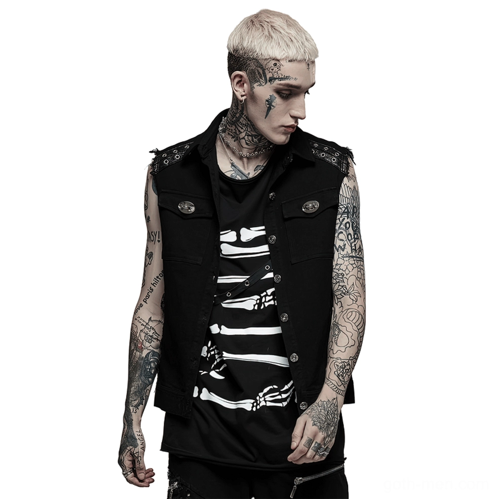 Black gothic studded twill sleeveless vest with metal hardware and frayed armholes, front view on tattooed male model