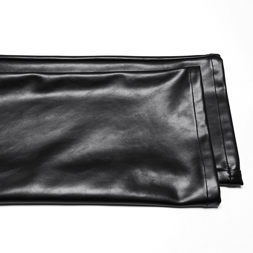 Gothic studded faux leather pants waistband construction detail, showing metallic studs and embossed design elements