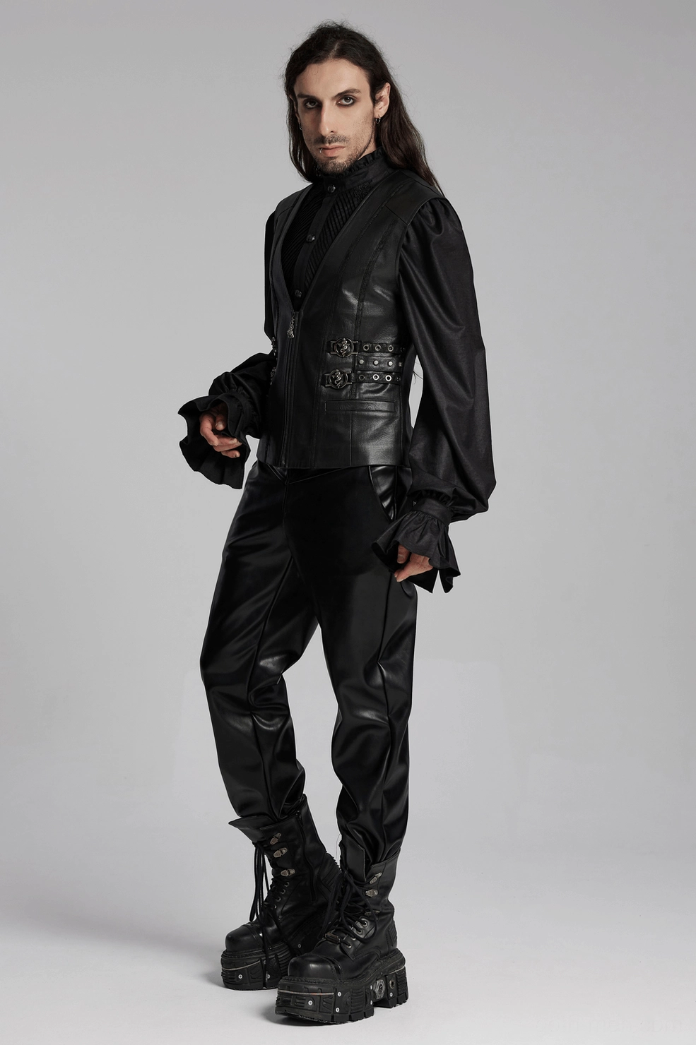 Product photography of gothic waistcoat showing overall silhouette and hardware placement