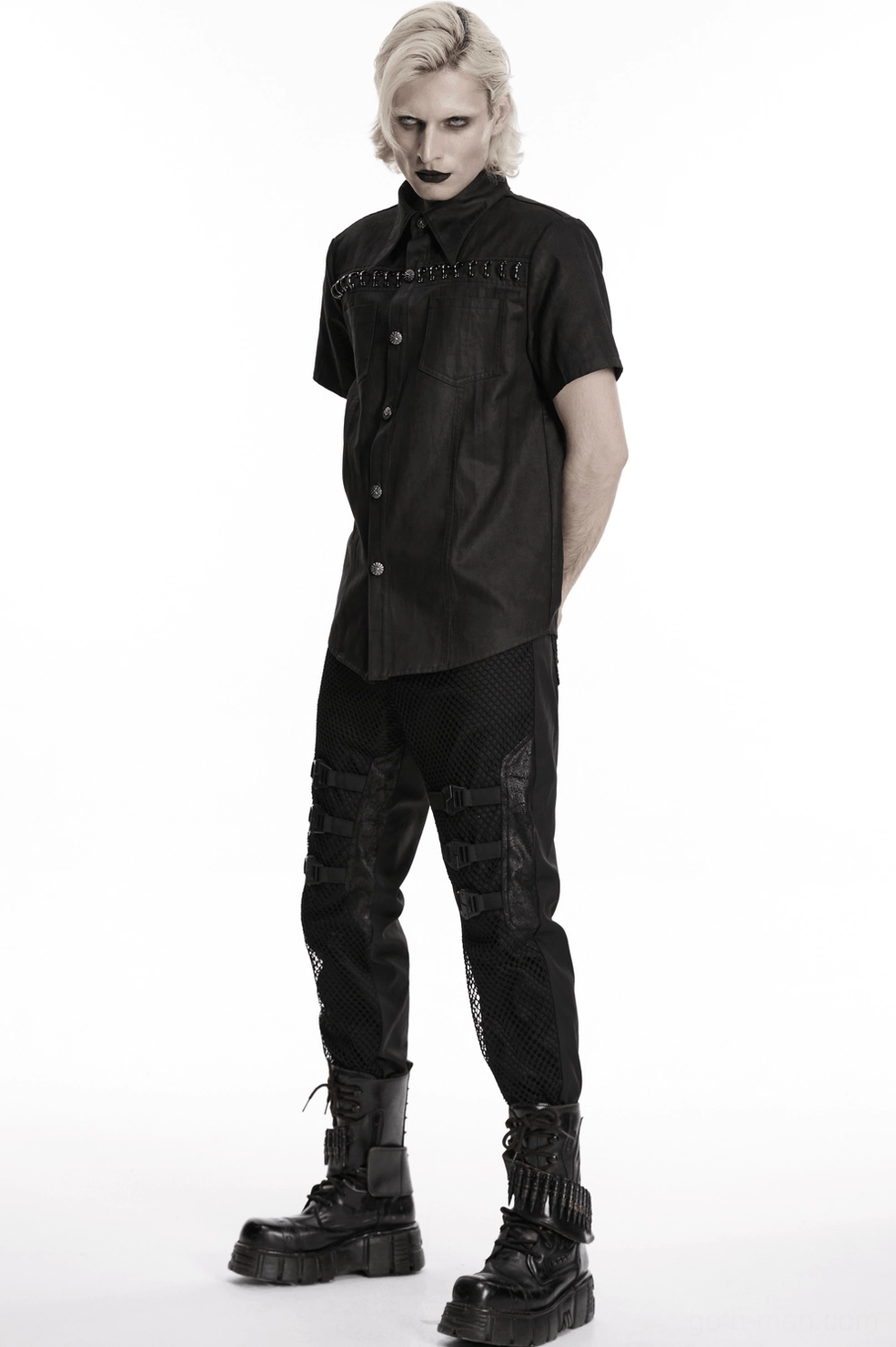 Black suede gothic shirt featuring metal semi-circular chest accent and pocket details