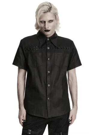 Black washed suede gothic shirt with metal chest hardware worn by male model, front view