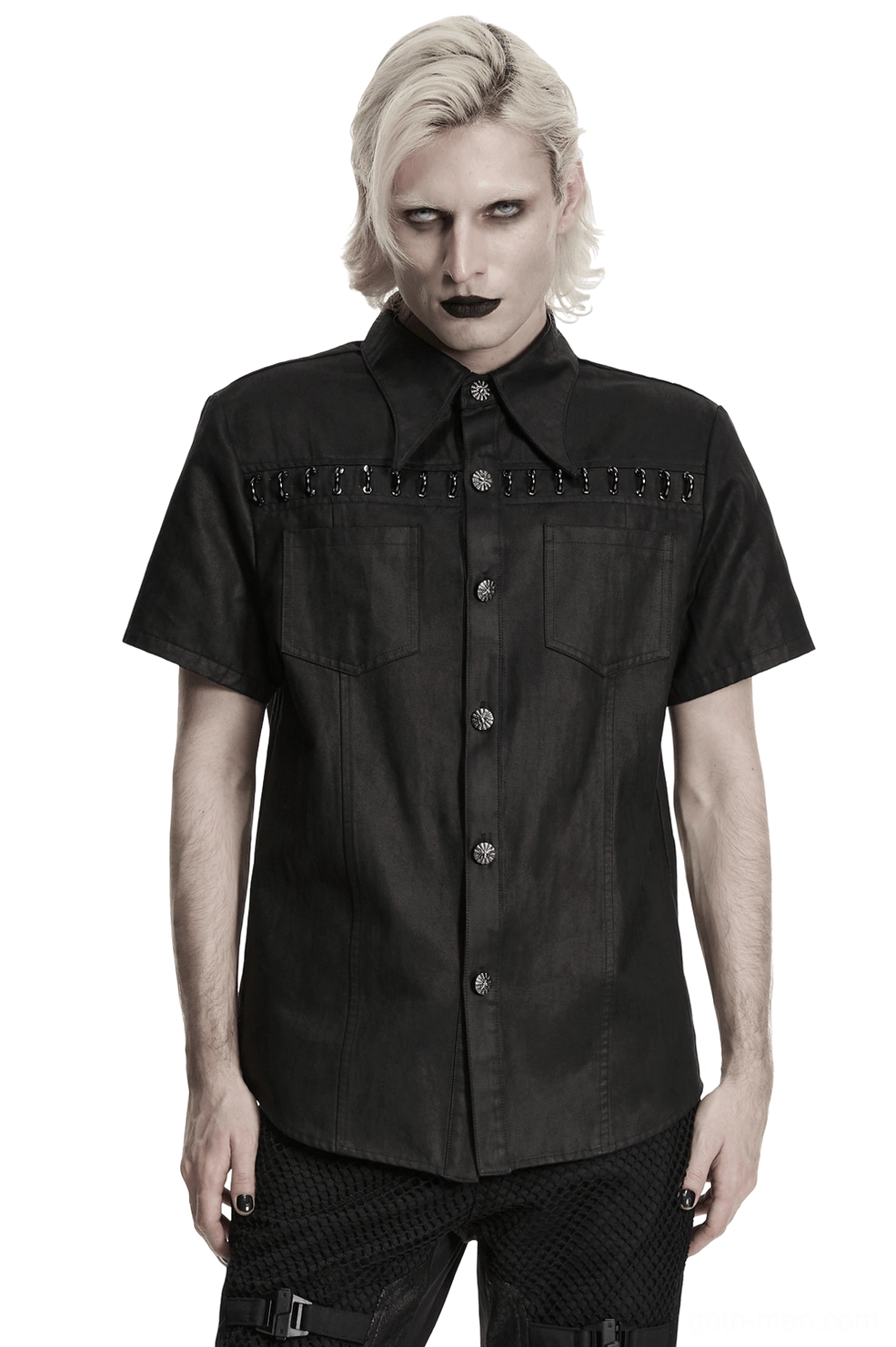 Black washed suede gothic shirt with metal chest hardware worn by male model, front view