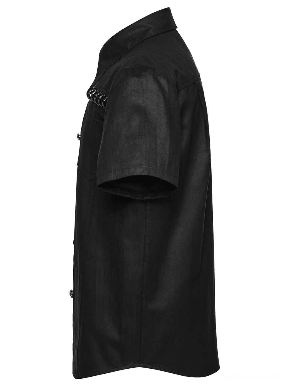 Black suede gothic shirt side view showing sleeve length and structured collar design