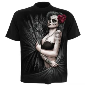 Black gothic sugar skull 3D print t-shirt front view with rose design, unisex alternative fashion tee