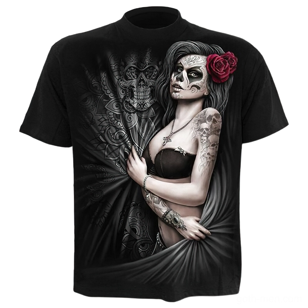 Black gothic sugar skull 3D print t-shirt front view with rose design, unisex alternative fashion tee