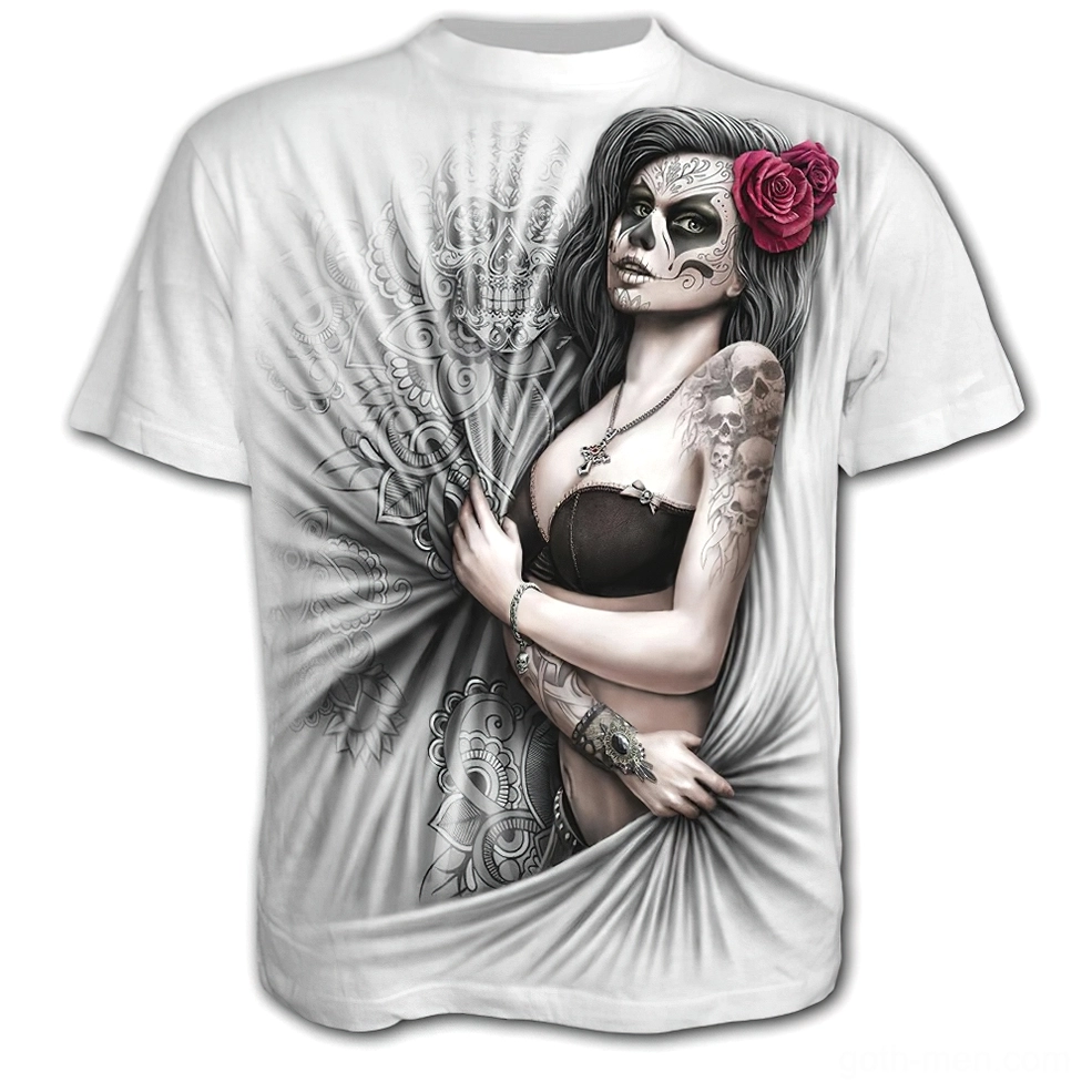 White gothic sugar skull 3D print t-shirt front view with red rose artwork, unisex dark fashion