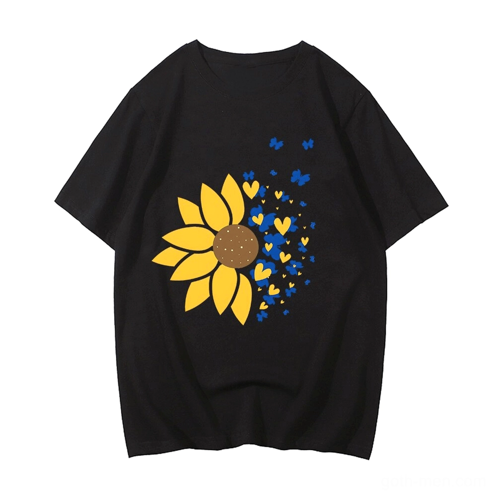 Black gothic sunflower oversized cotton tee with yellow and heart print, front view flat lay