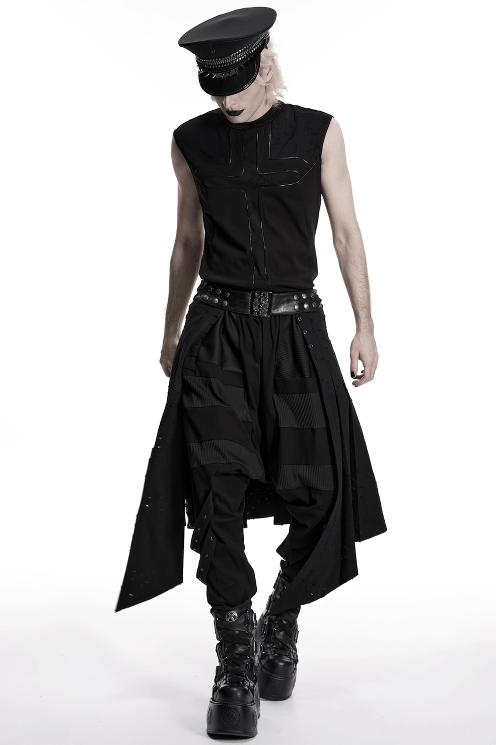 Gothic asymmetrical swallowtail skirt showing dramatic pointed hem design detail