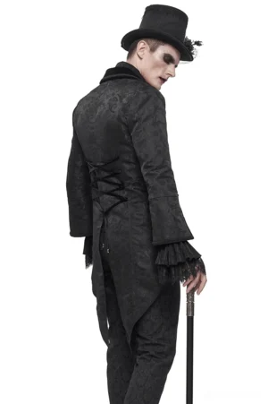Black gothic swallowtail tailcoat rear view on male model, split tail hem and lace-up back corset detail, studio shot