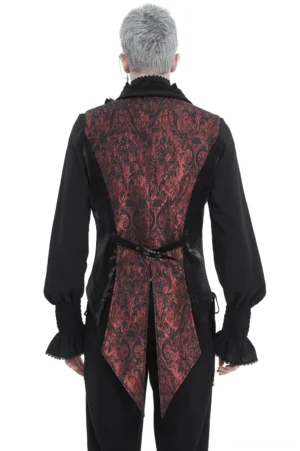 Gothic waistcoat back view showing damask jacquard, adjustable waist belt, and swallowtail hem
