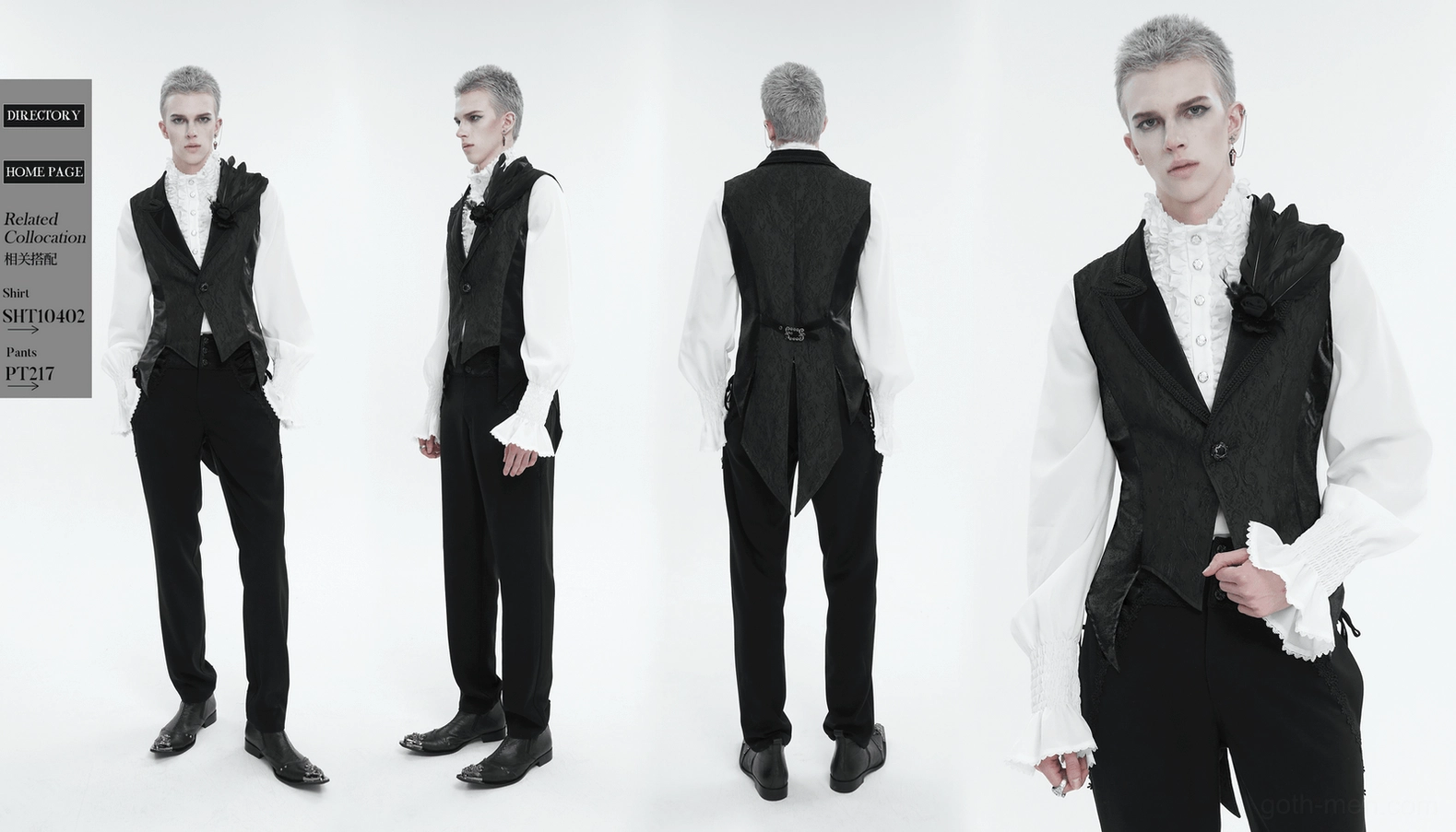 Black gothic swallowtail waistcoat multiple views front side rear showing complete design and styling options