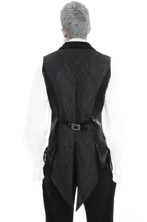 Black gothic swallowtail waistcoat rear view showing extended tail hem and adjustable back belt