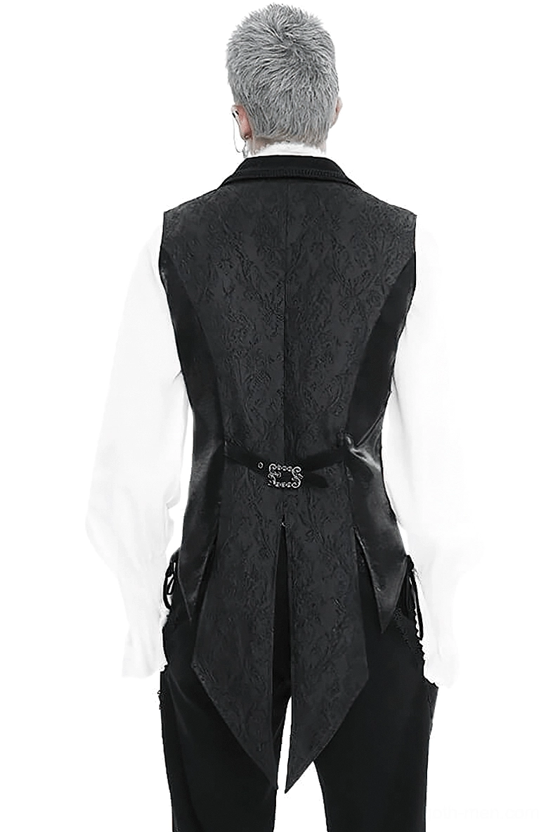 Black gothic swallowtail waistcoat rear view showing extended tail hem and adjustable back belt