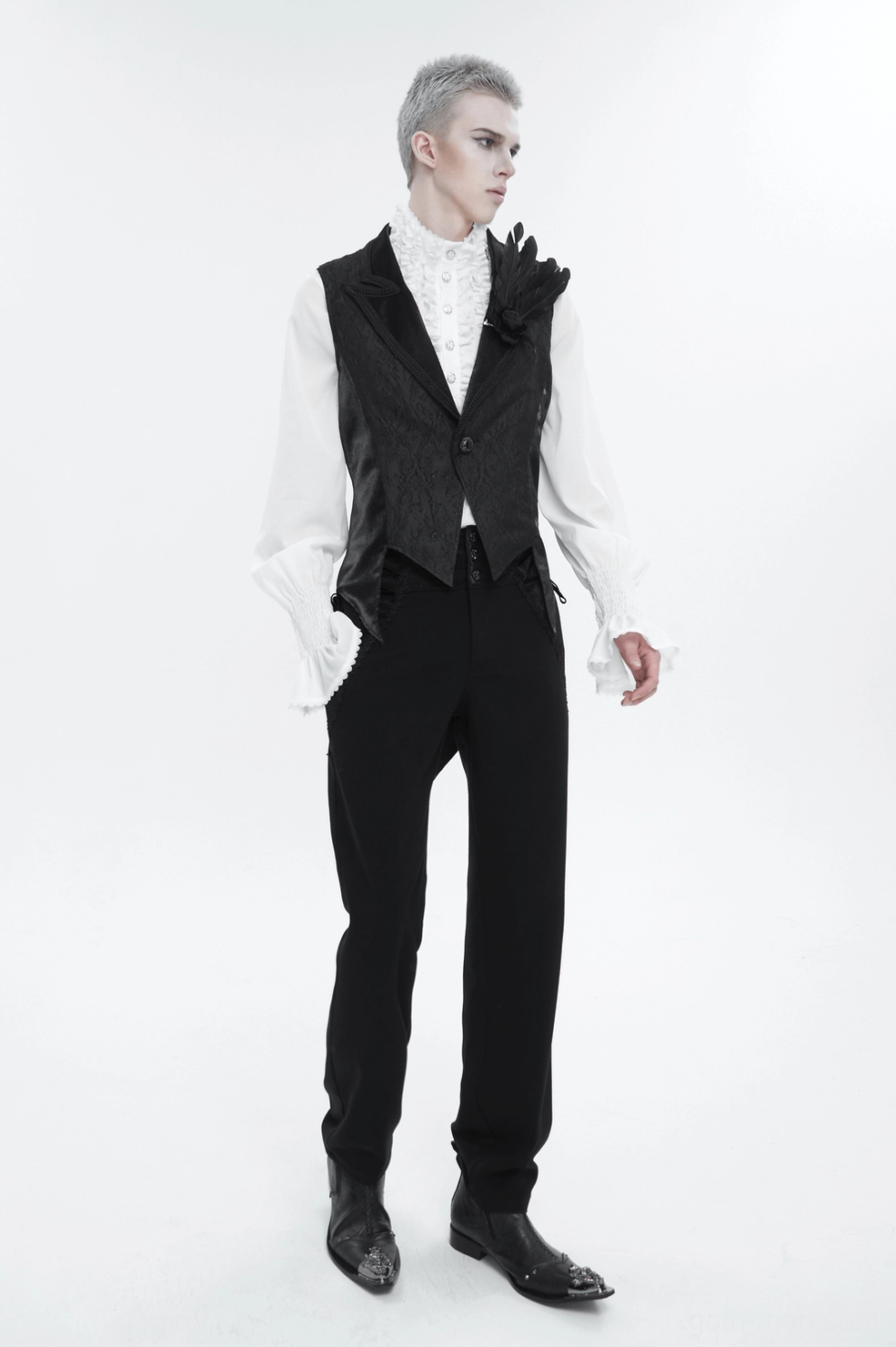 Black gothic swallowtail waistcoat three-quarter view on male model showing fitted silhouette and swallowtail hem