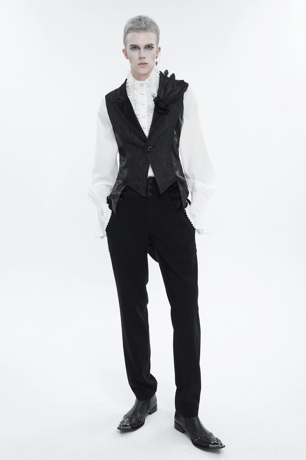 Black gothic swallowtail waistcoat front full view on male model paired with formal shirt and trousers