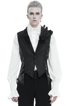 Black gothic swallowtail waistcoat front view with feather brooch and jacquard fabric detail on male model