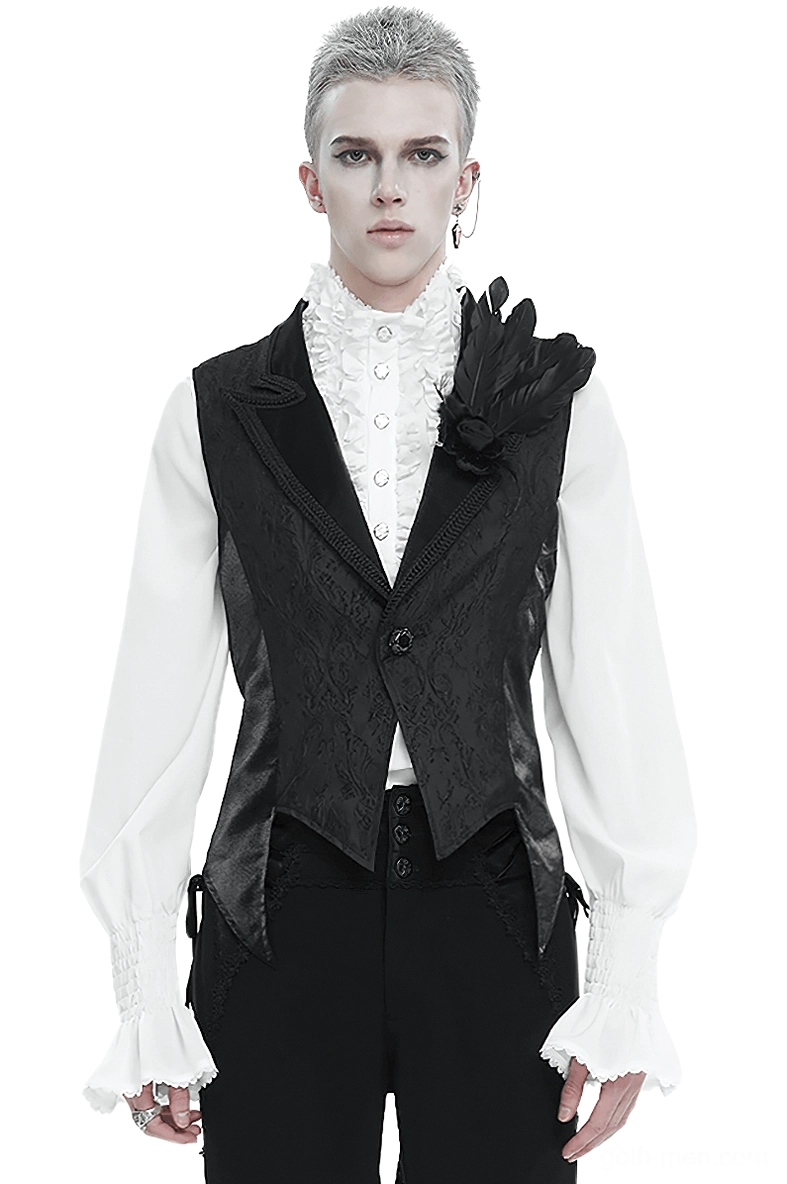 Black gothic swallowtail waistcoat front view with feather brooch and jacquard fabric detail on male model