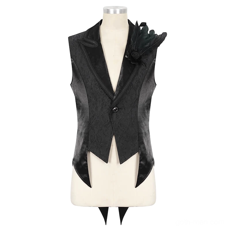 Black gothic swallowtail waistcoat on dress form mannequin showing satin lapel trim and feather decoration