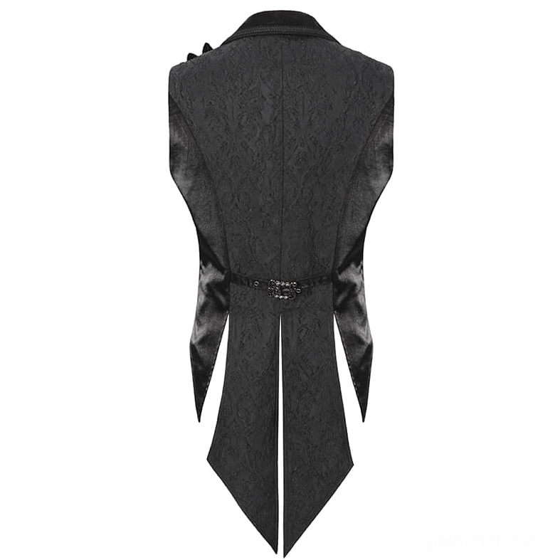 Black gothic swallowtail waistcoat rear view on mannequin showing dramatic tail and decorative back belt