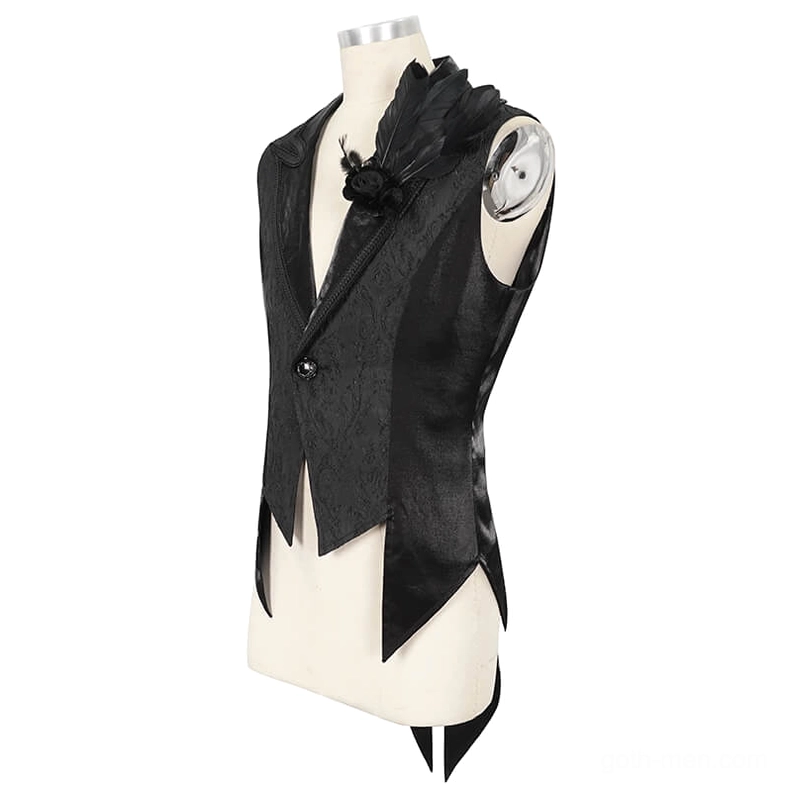 Black gothic swallowtail waistcoat three-quarter side view displaying jacquard weave and asymmetrical hemline