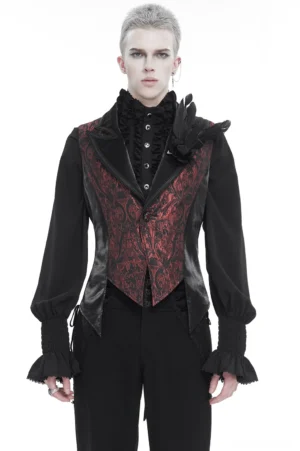 Wine red gothic swallowtail waistcoat with black feather brooch, frontal view on male model