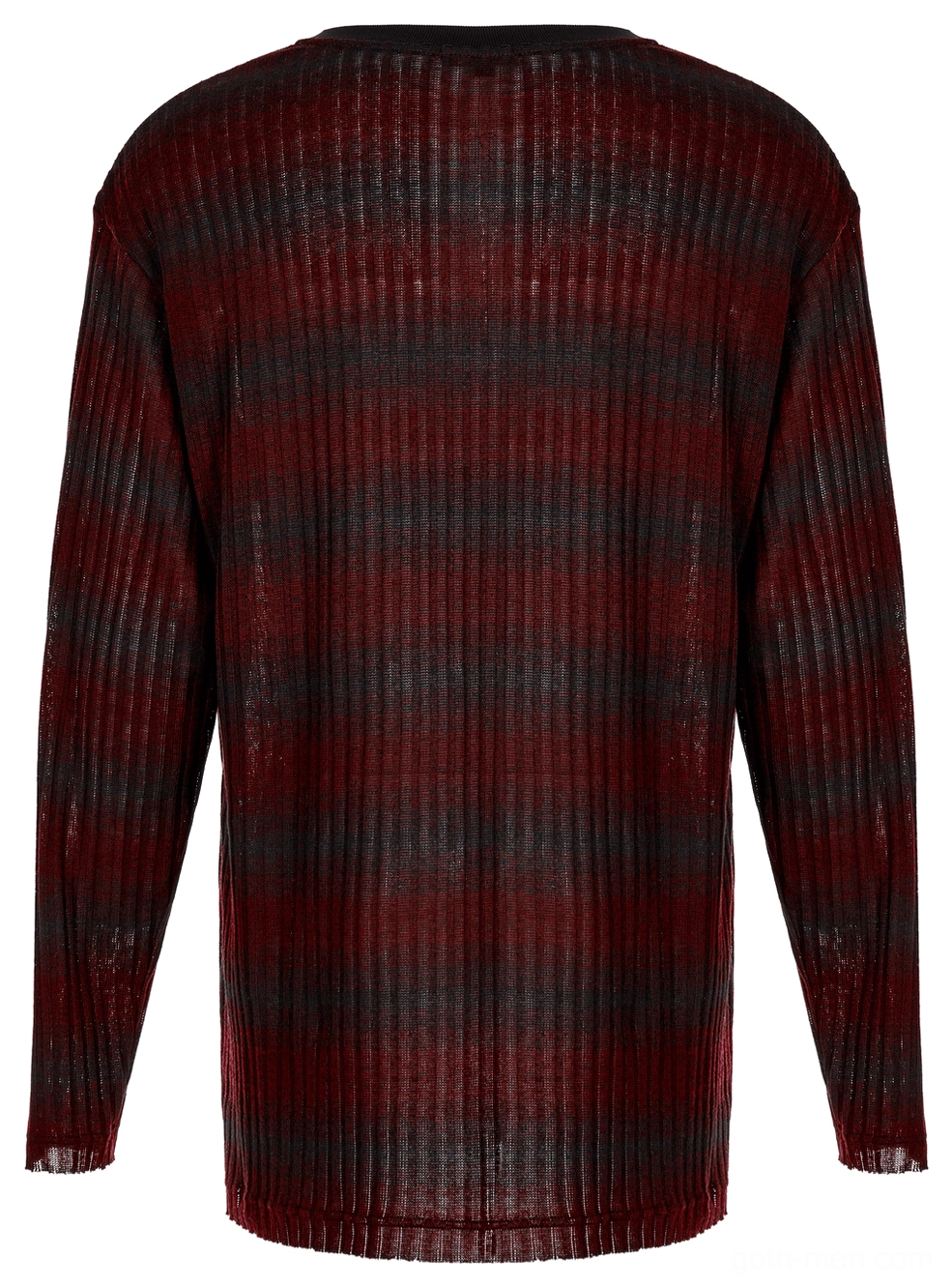 Back flat lay of men's gothic red and black striped ribbed knit sweater
