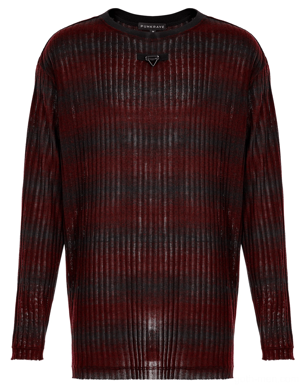 Close-up of metal triangle badge detail on men's gothic striped knit sweater chest
