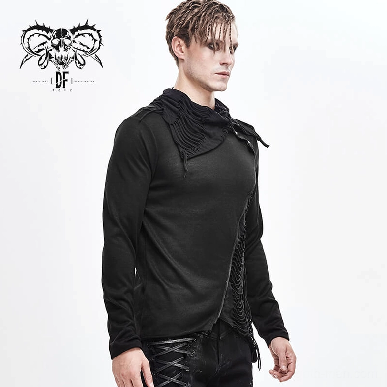 Black gothic sweatshirt asymmetric side seam detail with zipper and tassel trim combination