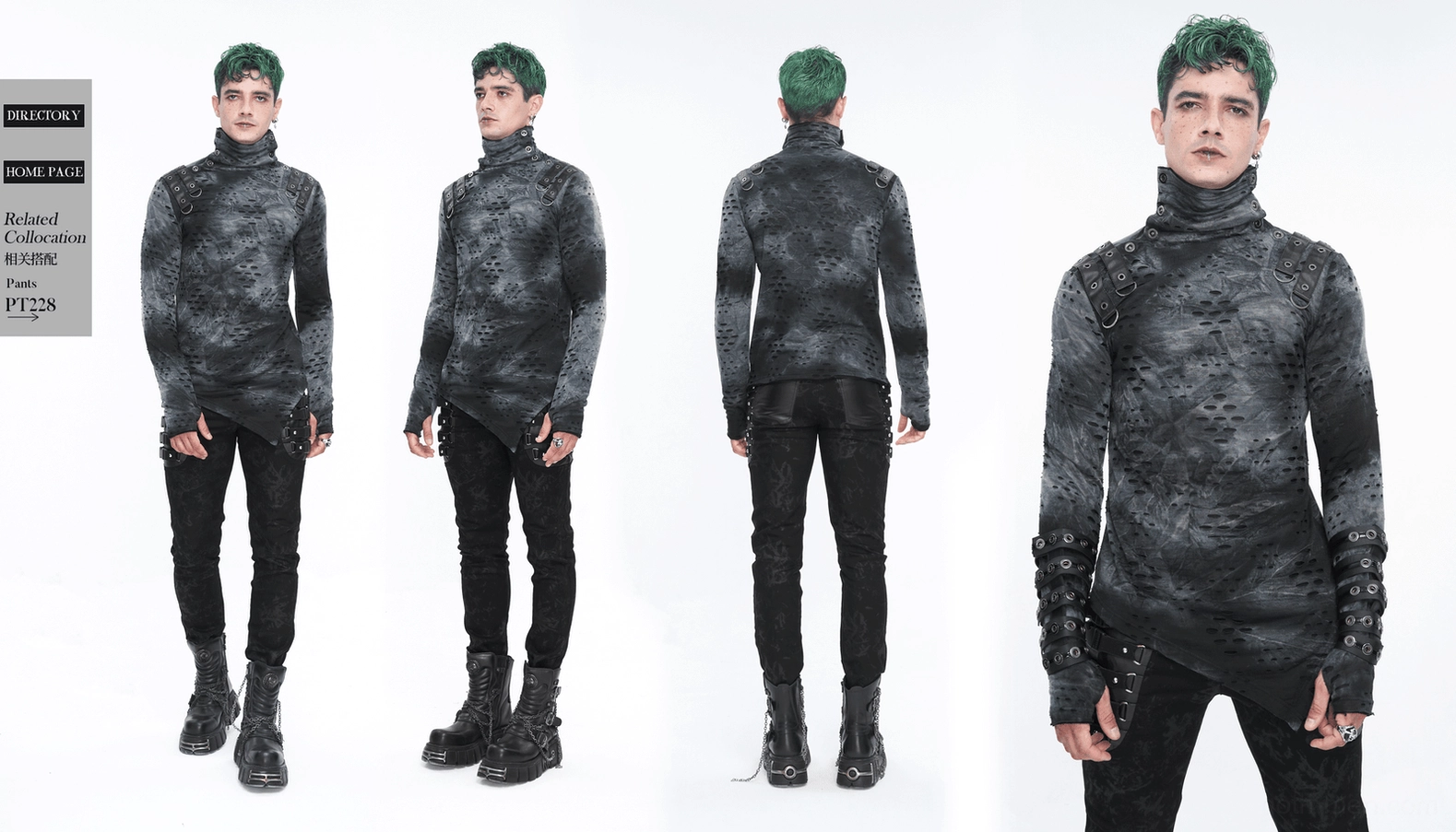 Gothic sweatshirt asymmetrical cut, high neck construction, perforated distressed surface, fitted drape showcase