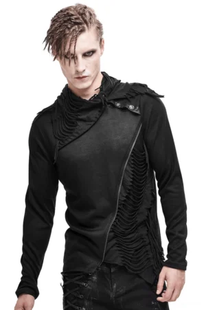 Black asymmetrical gothic sweatshirt front view on male model, featuring fold-over draped collar, diagonal zipper, and tassel trim detailing
