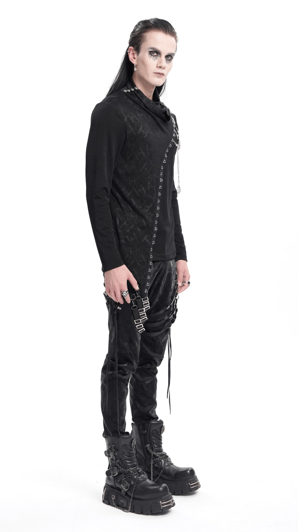 Mannequin front display highlighting asymmetrical hemline cut, chain embellishments placement, and overall structured silhouette of gothic sweatshirt