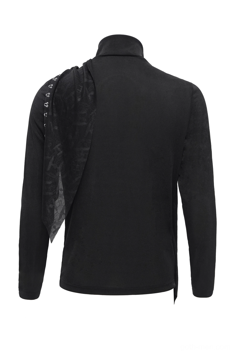 Back mannequin view of asymmetrical gothic men's sweatshirt showing draped lace overlay panel and all-black construction with layered details