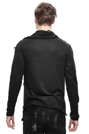Black gothic sweatshirt rear view showing draped high collar and asymmetric back panel design