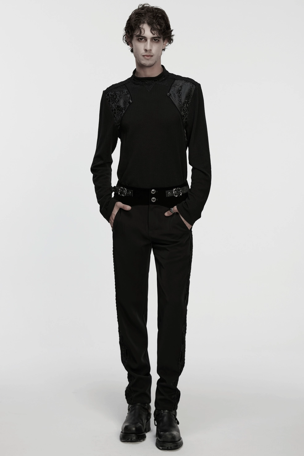 Gothic mock neck sweatshirt back zipper and shoulder structure detail view