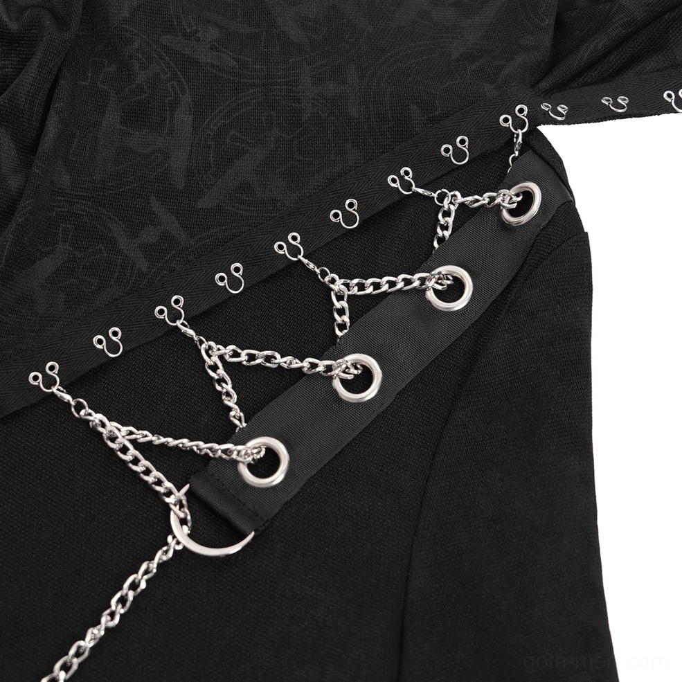 Detailed close-up of asymmetrical chain and metal eyelet hardware trim with embossed gothic pattern fabric showing construction quality and decorative elements