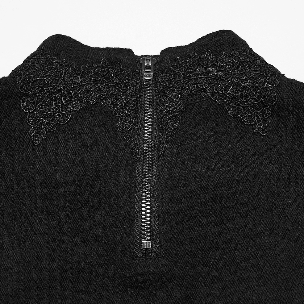 Close-up detail of gothic sweatshirt mock neck with black lace trim and metal zipper