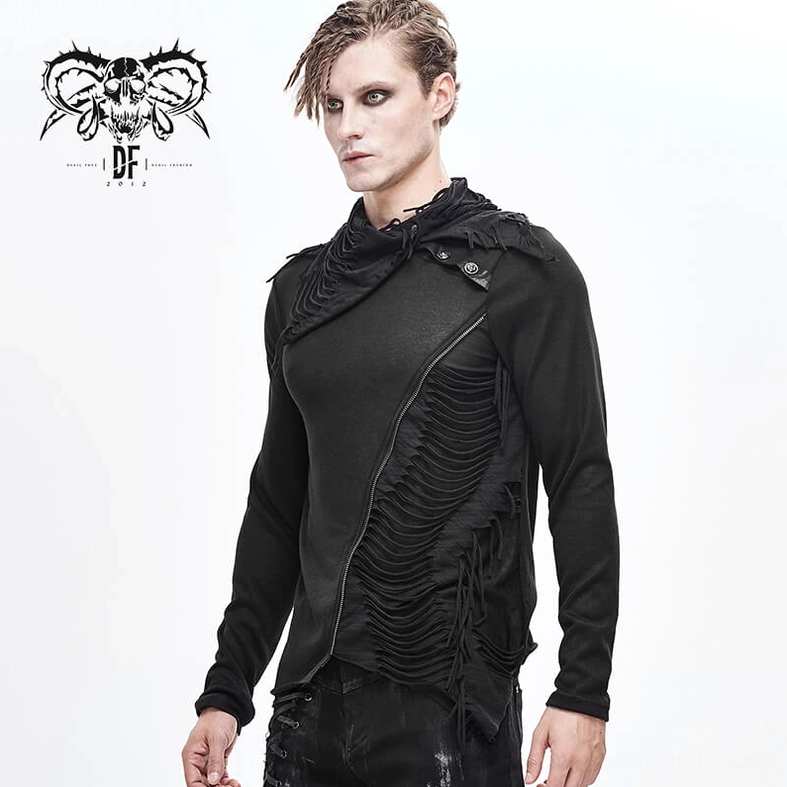 Black gothic sweatshirt collar detail showing theatrical fold-over draped design and texture
