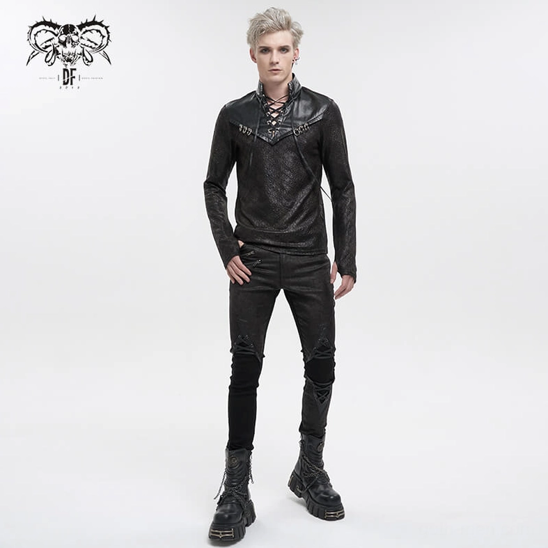 Alternative view of gothic stand collar sweatshirt showing overall construction and fit