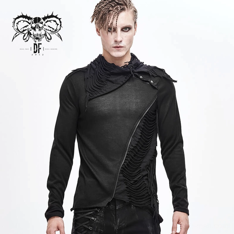 Black gothic sweatshirt construction detail showing knit fabric quality and hardware placement