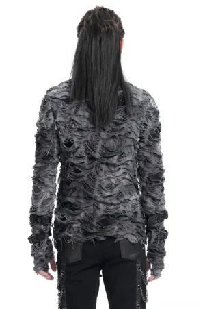 Distressed gothic sweatshirt back view showing asymmetrical raw hem and frayed details