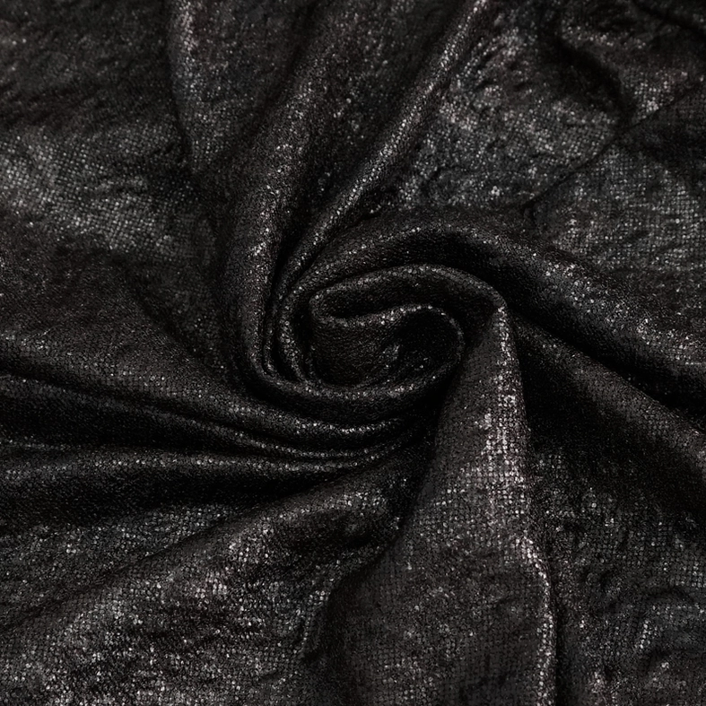 Black synthetic leather and knit fabric texture close-up of gothic stand collar sweatshirt