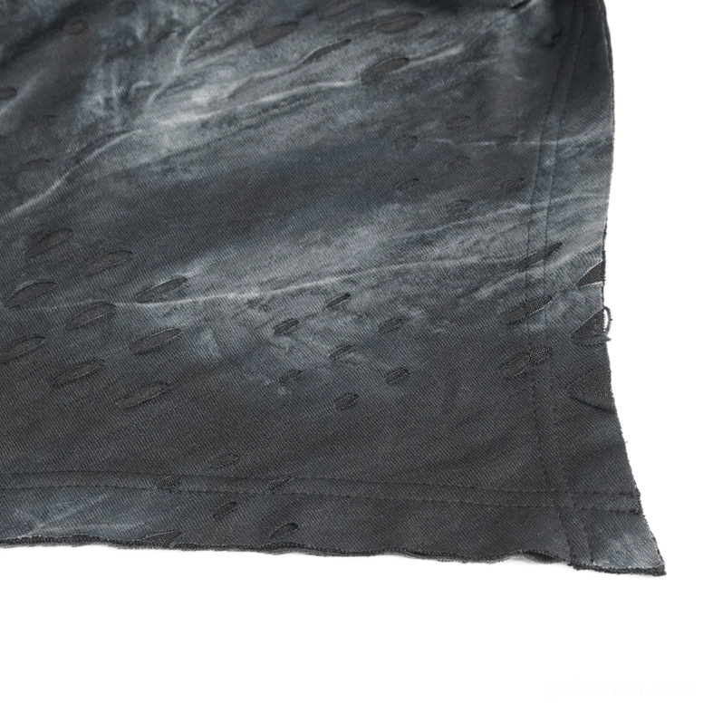 Men's gothic sweatshirt fabric close-up, black charcoal tie-dye pattern, perforated holes, soft polyester texture