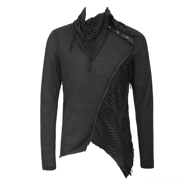 Black asymmetrical gothic sweatshirt static front display with diagonal zipper and side tassel fringe