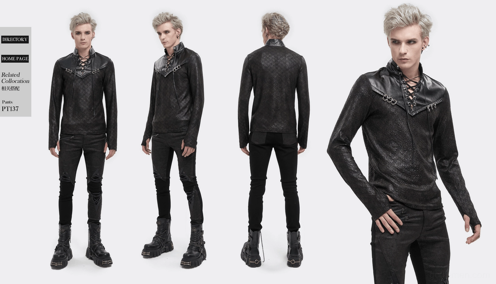 Full product display of black gothic lace-up sweatshirt with metal ring accents and leather collar
