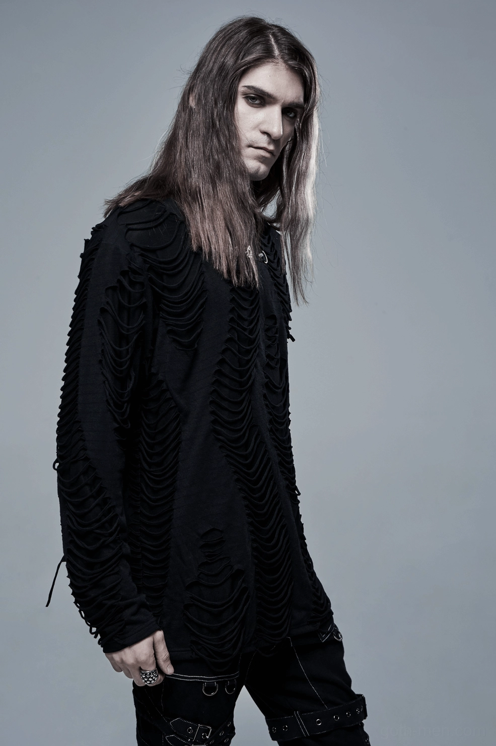 Gothic ripped sweatshirt detail of layered knit construction and intentional distressing technique