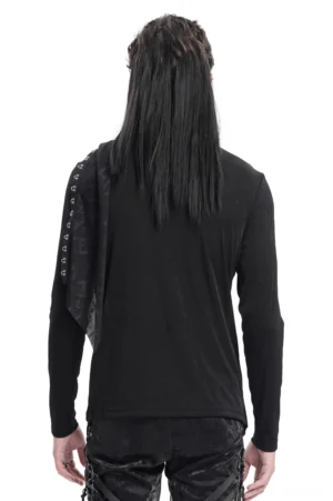 Back view of asymmetrical gothic sweatshirt showcasing draped lace side panel and silver chain embellishments on long-haired male model in studio setting