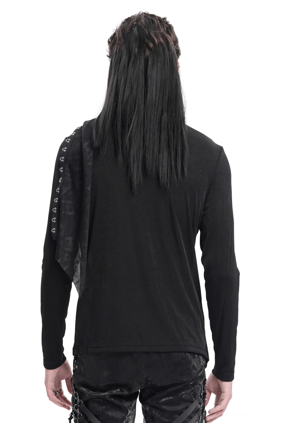 Back view of asymmetrical gothic sweatshirt showcasing draped lace side panel and silver chain embellishments on long-haired male model in studio setting