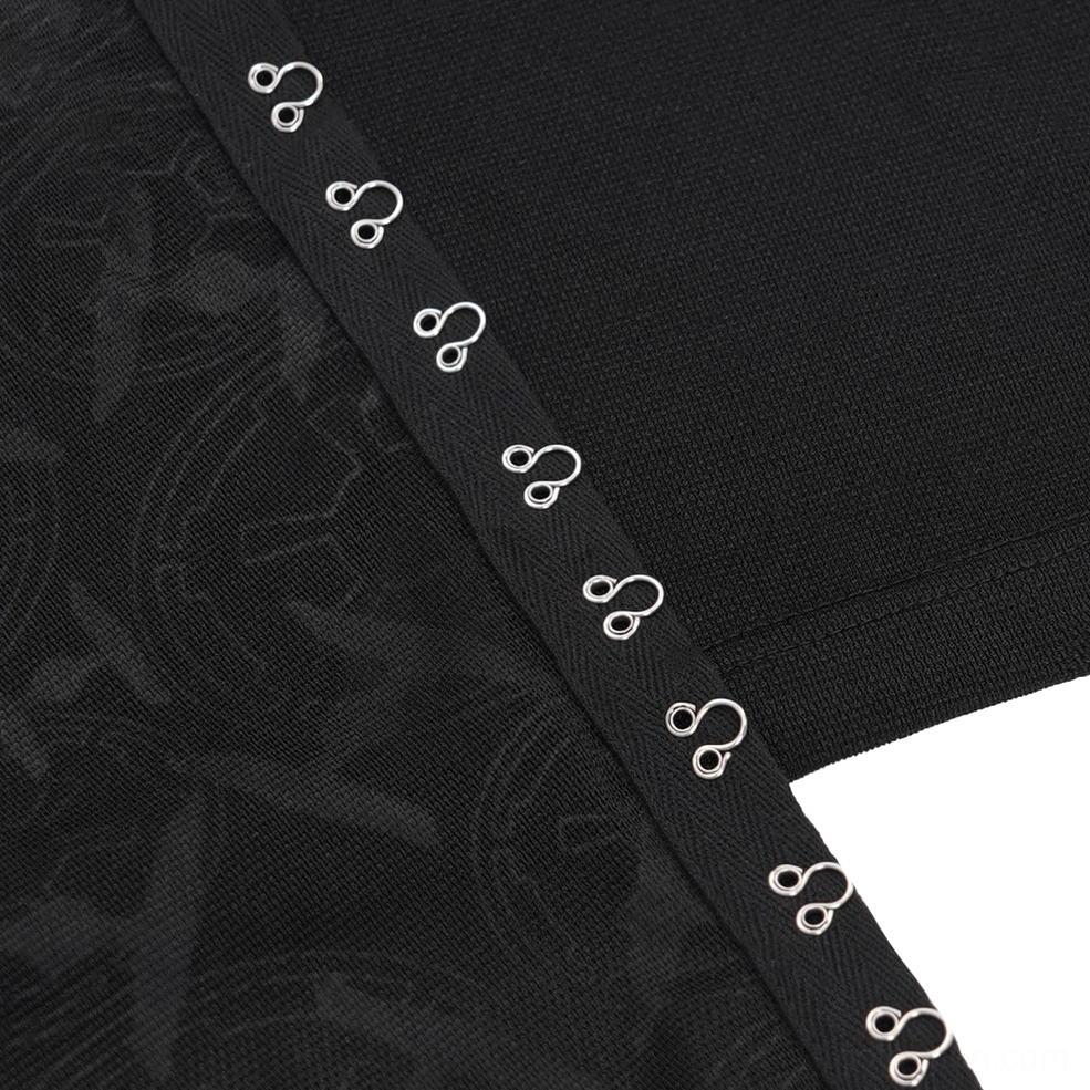 Detailed view of lace side panel overlay on gothic asymmetrical sweatshirt showing sheer construction and integration with chain embellishments
