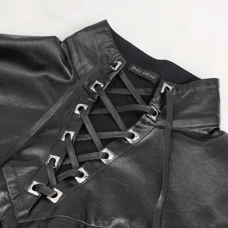 Close-up detail of lace-up collar with metal eyelets and leather trim on gothic sweatshirt