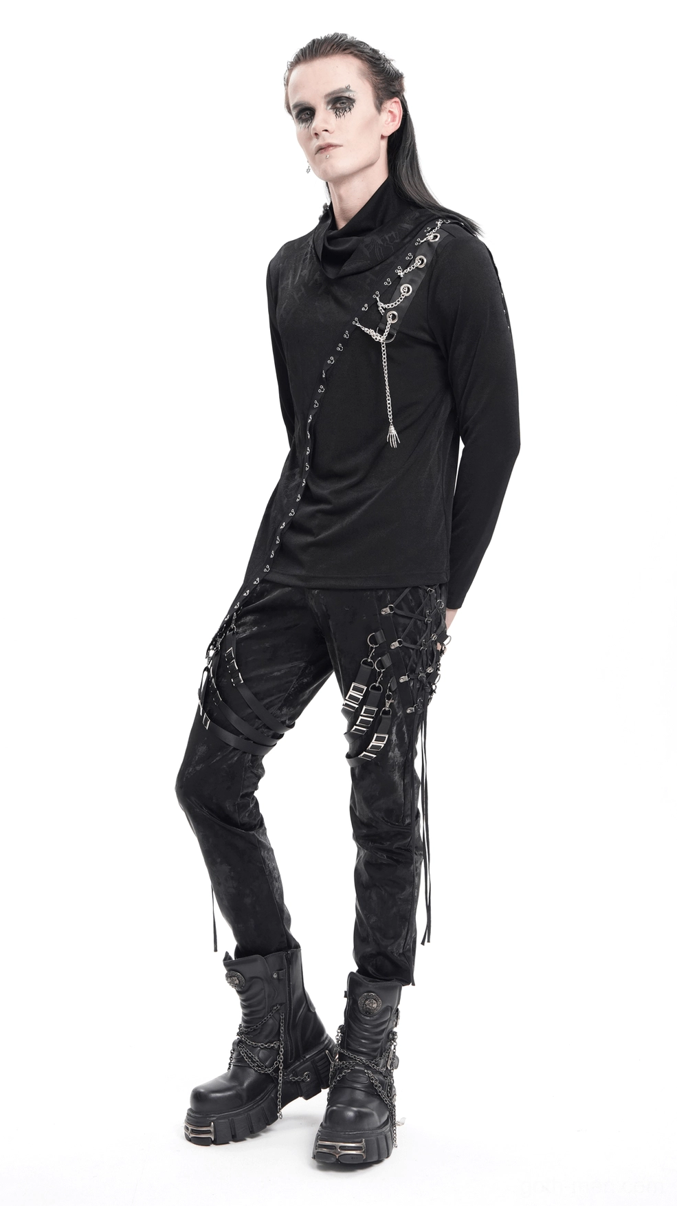 Angled front-side view of black gothic sweatshirt on display showing depth of layered construction, lace integration, and chain hardware arrangement